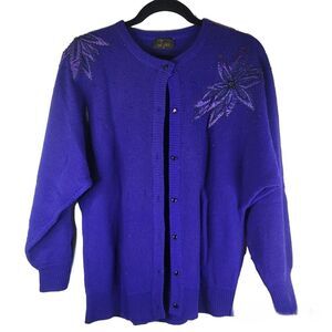 Lysee Vintage Royal Purple Wool Cardigan with Floral Applique Design